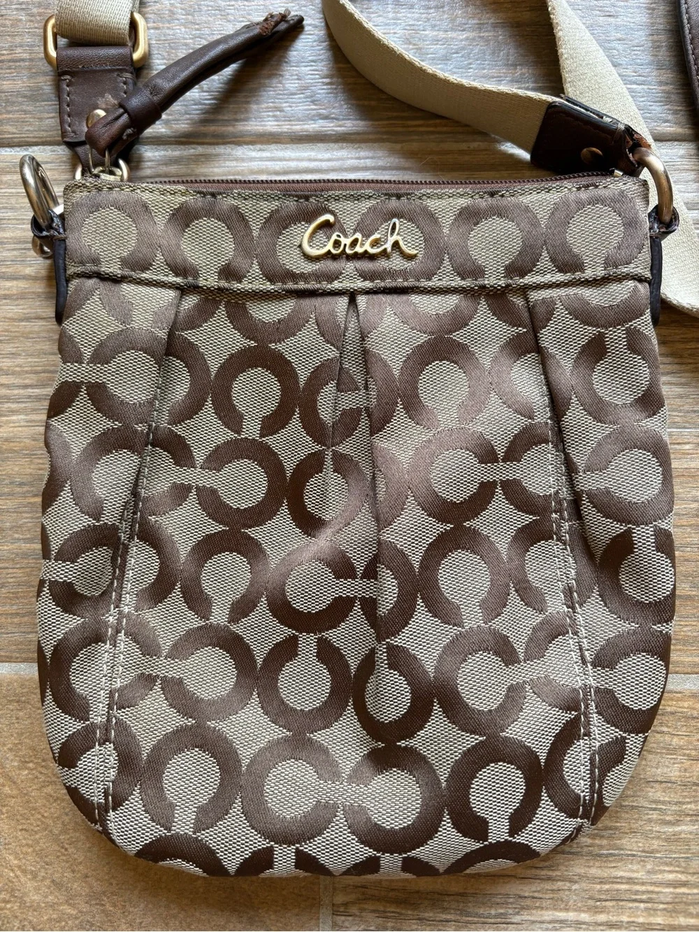 Coach Brown Signature Canvas Crossbody Swingpack with Beige Strap